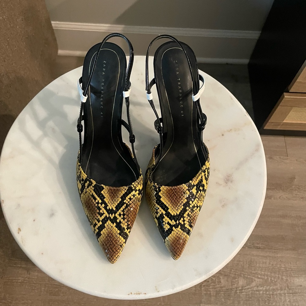 Yellow and Black Snakeskin Pointed-Toe Slingback Heels from Zara